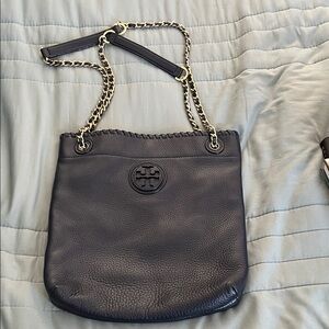Tory Burch Blue Pebbled Leather Shoulder Bag